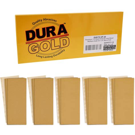 Dura-Gold Premium Sandpaper 1/3 Sheet Variety Pack Box - 80, 120, 150, 220 & 320 Grit (4 Sheets Each, 20 Total) - Wood Workers Gold, 3-2/3" x 9" Size, Hook & Loop Backing - Sand with Jitterbug Sander