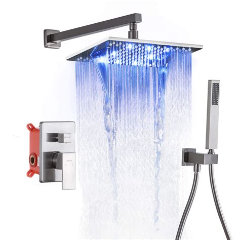 SKOWLL Shower Faucet System Wall Mount Rain Shower Faucet Set with 10 Inch Waterfall Shower Head LED Color Change Mixer Shower Faucet Kit, Brushed Nickel